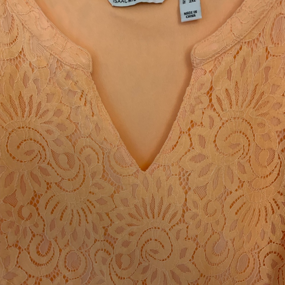 ISAAC MIZRAHI Peachy Lace Top V-Neck 3/4 Length Fringed Unlined Sleeves Size 1X - Picture 6 of 9